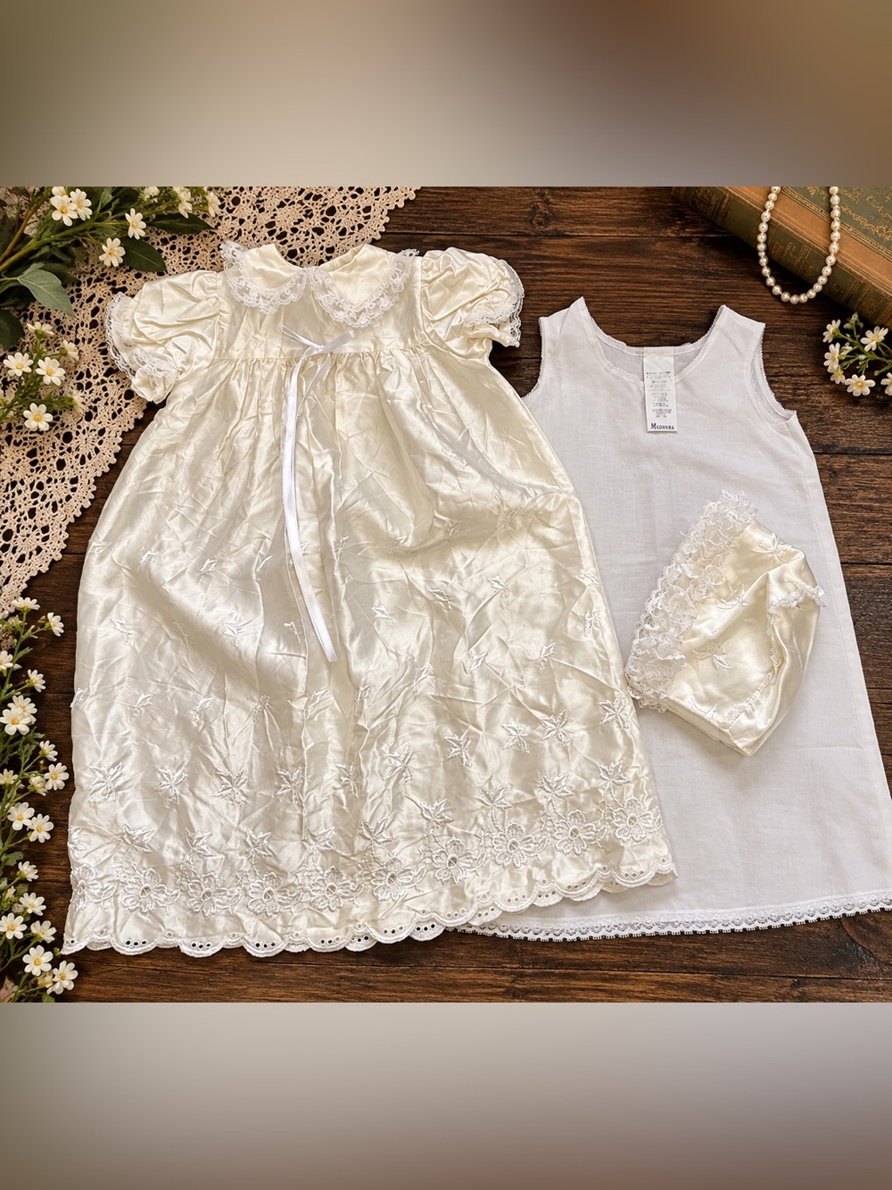 Vintage Madonna Christening Gown Slip Bonnet Set 9-12M Made USA